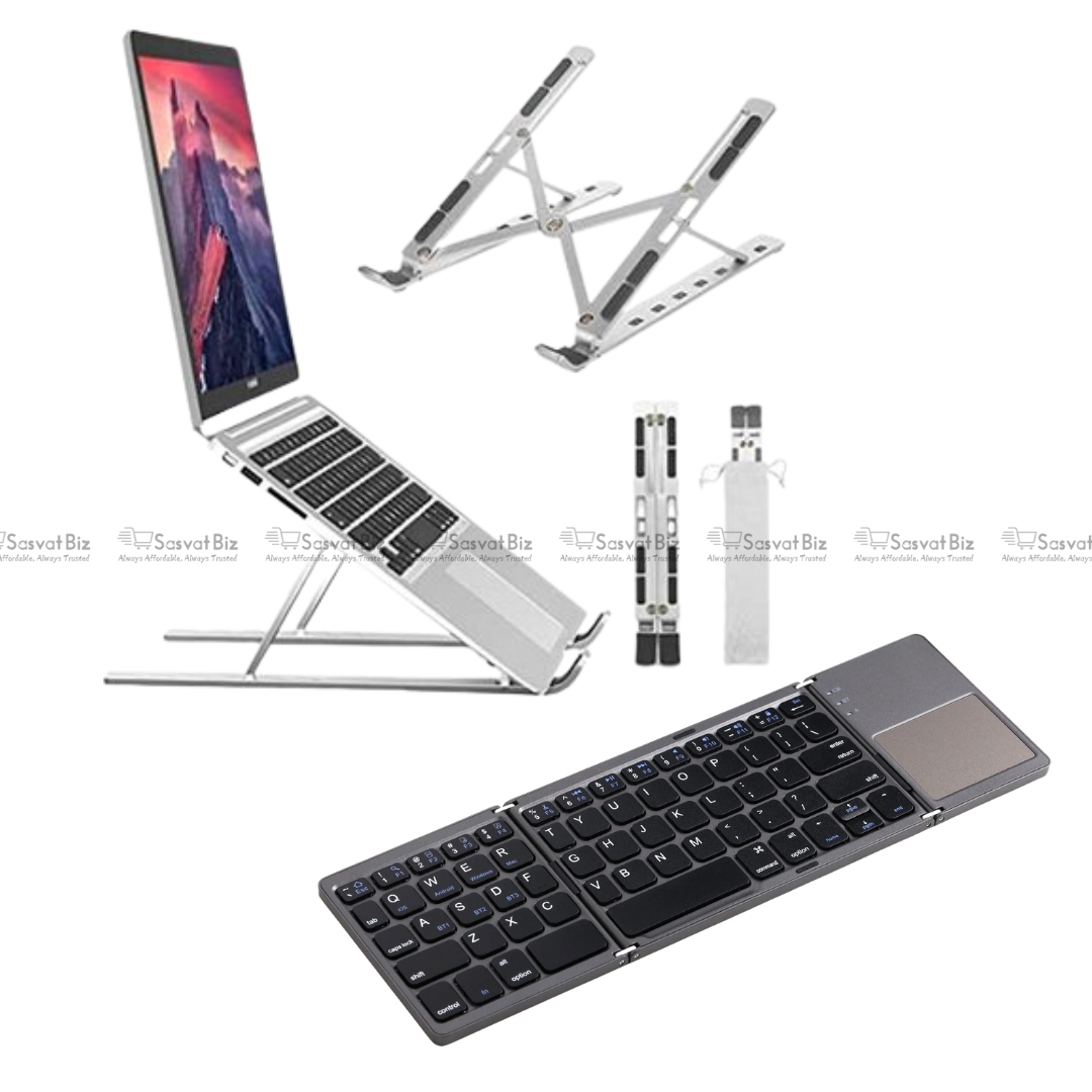Foldable Bluetooth tri-fold wireless keyboard with touchpad and foldable laptop stand, portable design for travel and remote work.